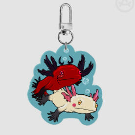 Image of a keychain of Lucifer and Alastor from hazbin hotel as two axolotls