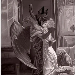 classical etching style print of lucifer and Alastor from Hazbin hotel