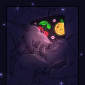 print of alastor and vox from hazbin hotel- they are wearing pajamas and alastor is asleep, cuddling vox. on vox's screen are dancing fruit videos