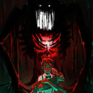 horror style painting of human child alastor from hazbin hotel holding a baby deer while a swamp monster seems to rise up out of the dark behind him